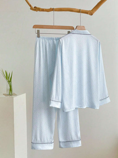 2pcs Women's Ink Print Ice Silk Pajamas, Simple Mandarin Collar Long Sleeve Homewear Set shein