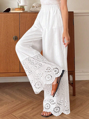 Women's Holiday Leisure Solid Color Hollow Out Embroidery Wide Leg Pants
