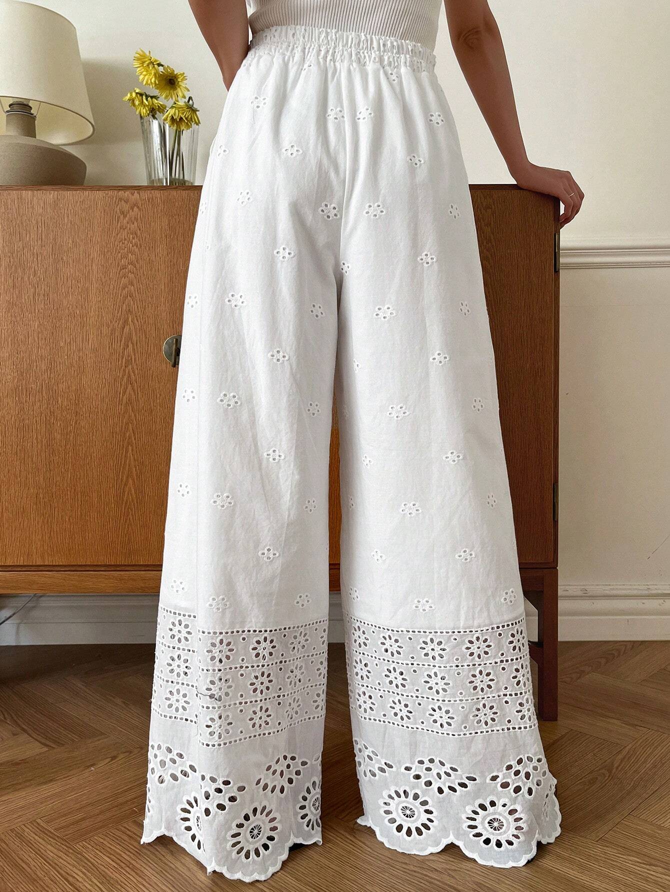 Women's Holiday Leisure Solid Color Hollow Out Embroidery Wide Leg Pants shein