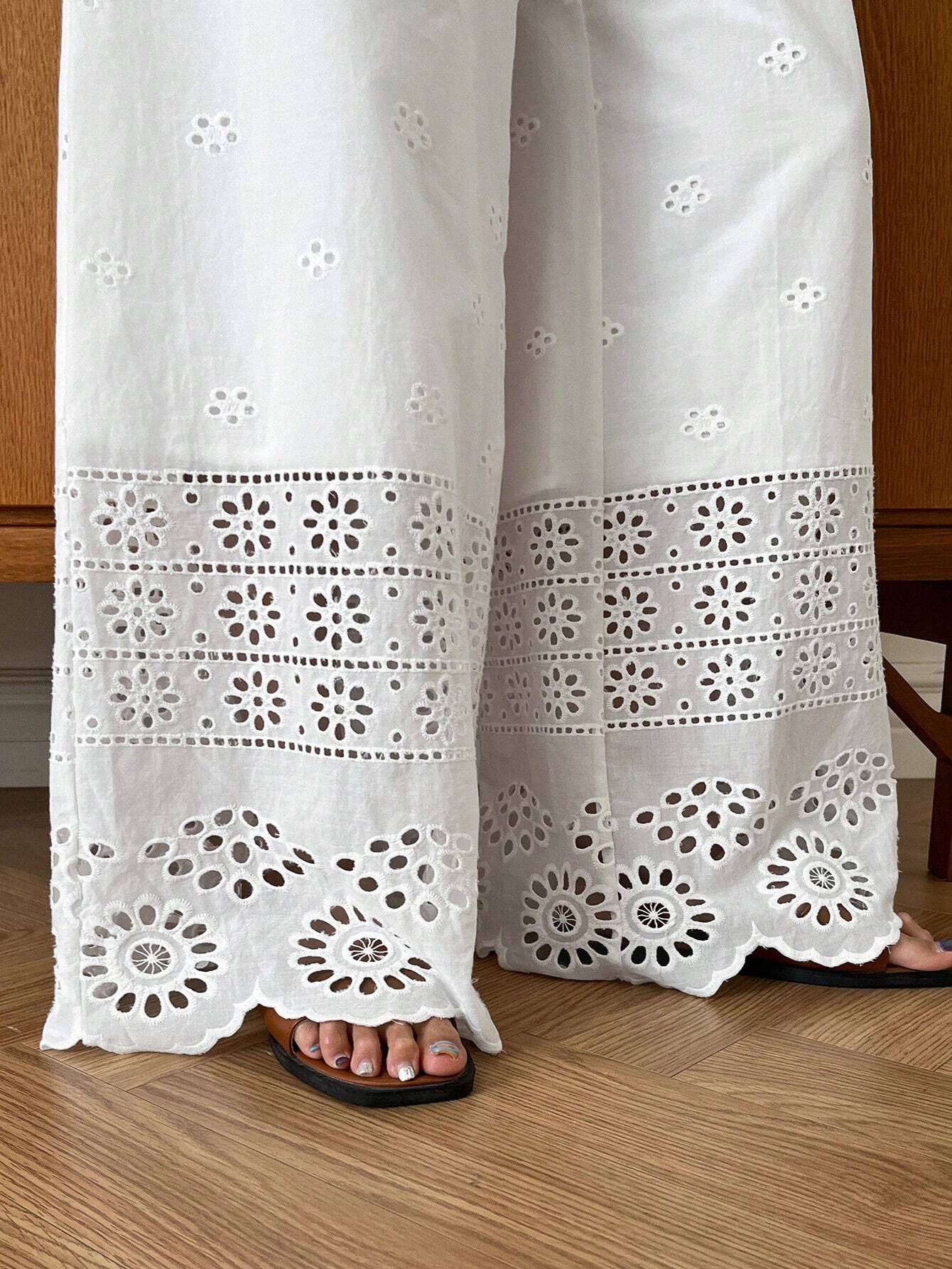 Women's Holiday Leisure Solid Color Hollow Out Embroidery Wide Leg Pants shein