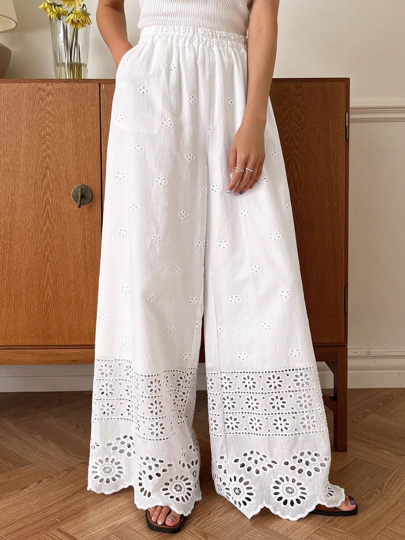Women's Holiday Leisure Solid Color Hollow Out Embroidery Wide Leg Pants shein