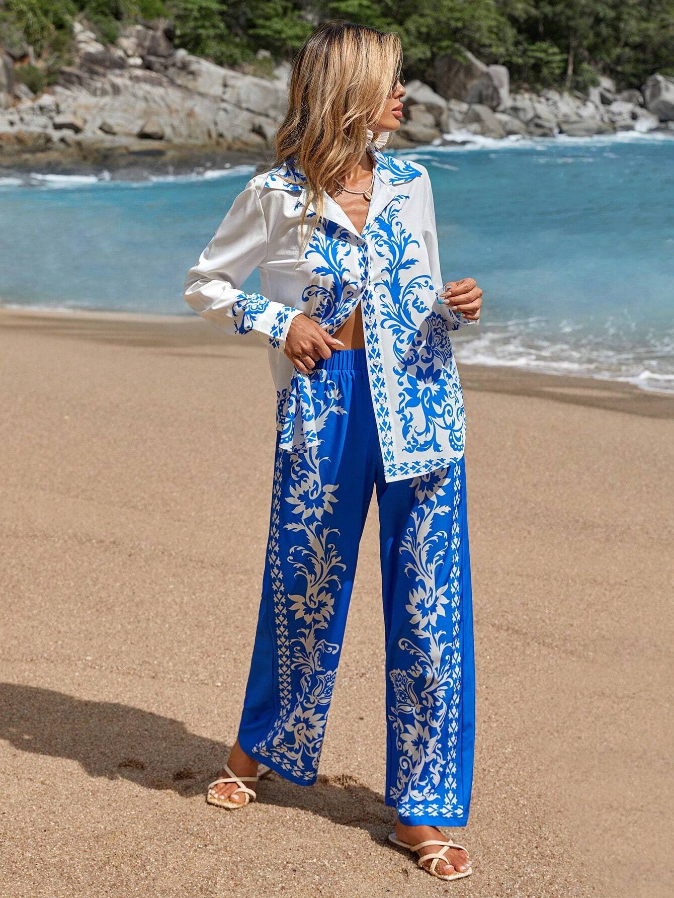 VCAY Ladies' Simple Printed Daily Top And Pants Two-Piece Set shein