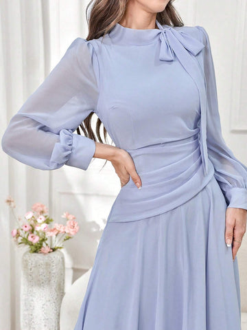 Modely Elegant Solid Color V-Neck Tie Waist Women's Dress