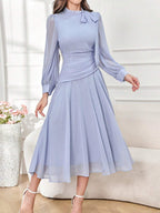Modely Elegant Solid Color V-Neck Tie Waist Women's Dress shein