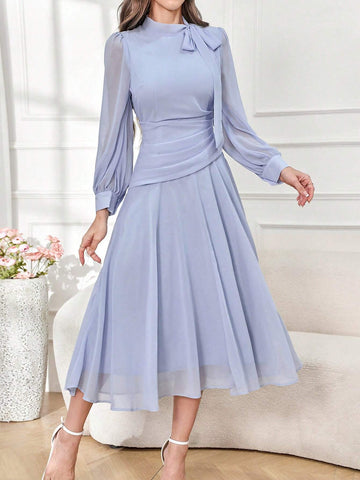 Modely Elegant Solid Color V-Neck Tie Waist Women's Dress