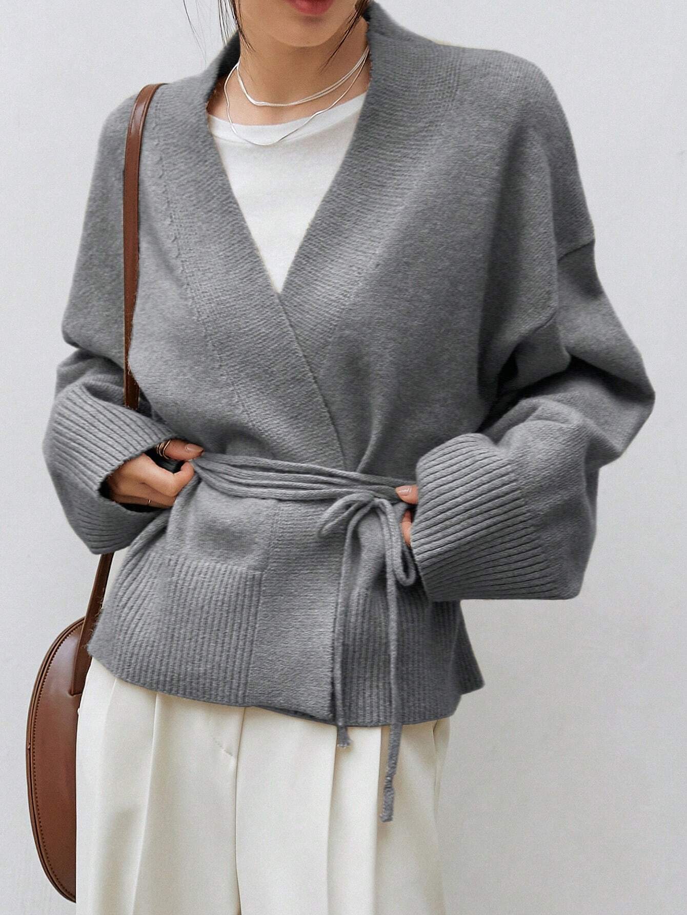 Dazy-Less Drop Shoulder Belted Cardigan shein