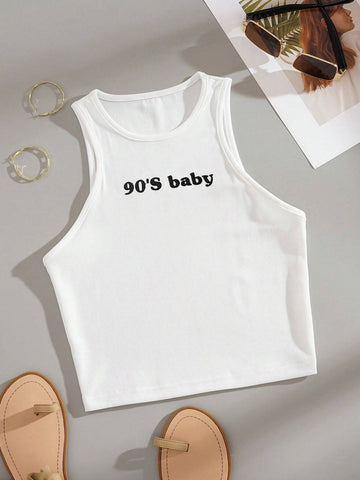 INAWLY Letter Print Slim Fit Round Neck Tank Top