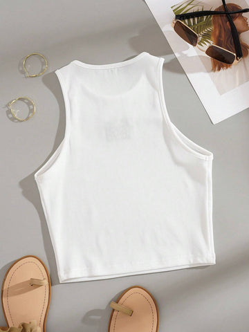 INAWLY Letter Print Slim Fit Round Neck Tank Top