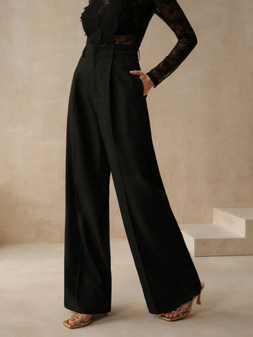 Anewsta Black City Modern Loose Straight Suit Pants With Belt For Work And Commute