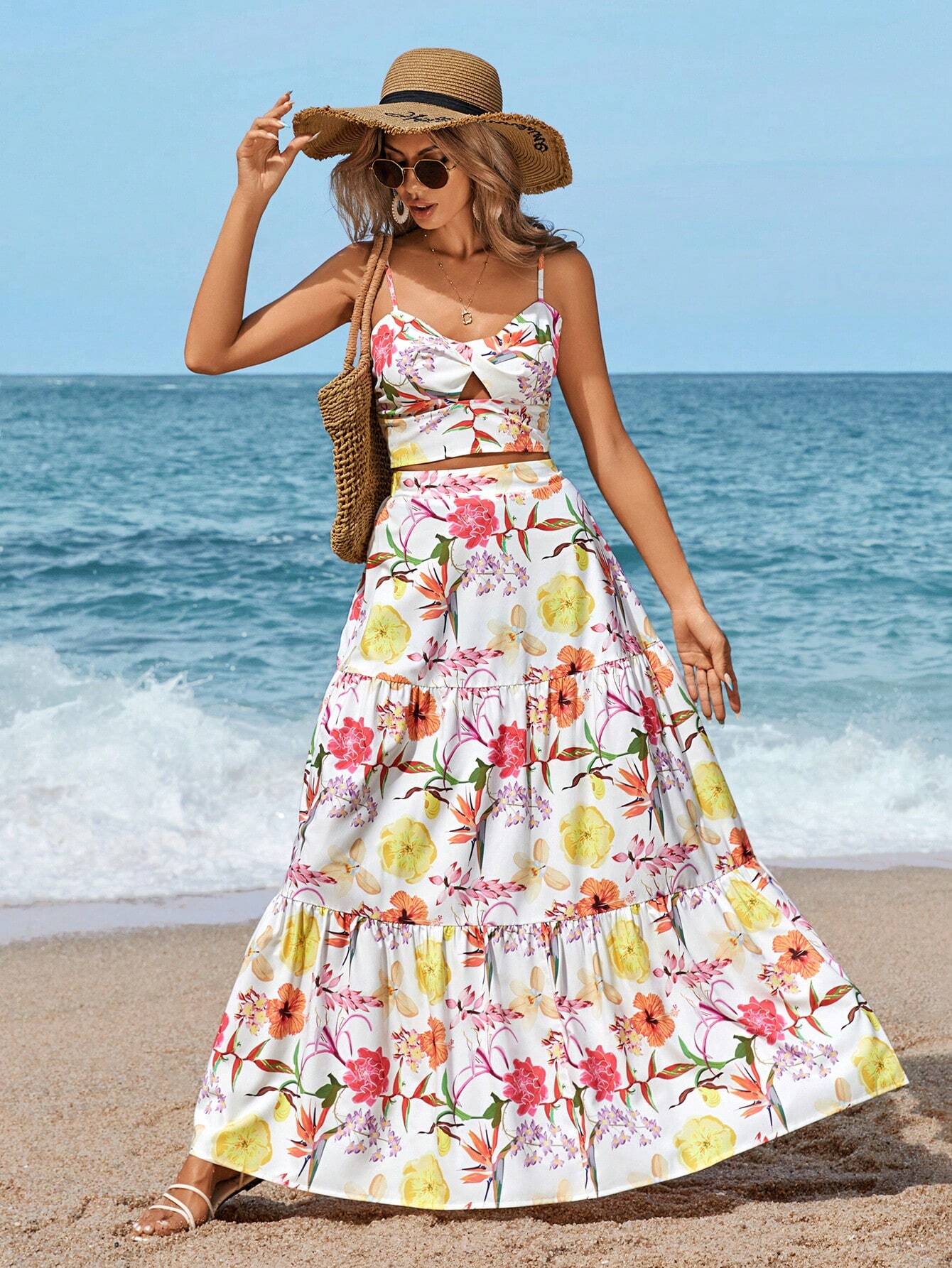 VCAY Floral Printed Spaghetti Strap Twist Front Sleeveless Top And Ruffled Hem Skirt shein