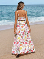 VCAY Floral Printed Spaghetti Strap Twist Front Sleeveless Top And Ruffled Hem Skirt shein