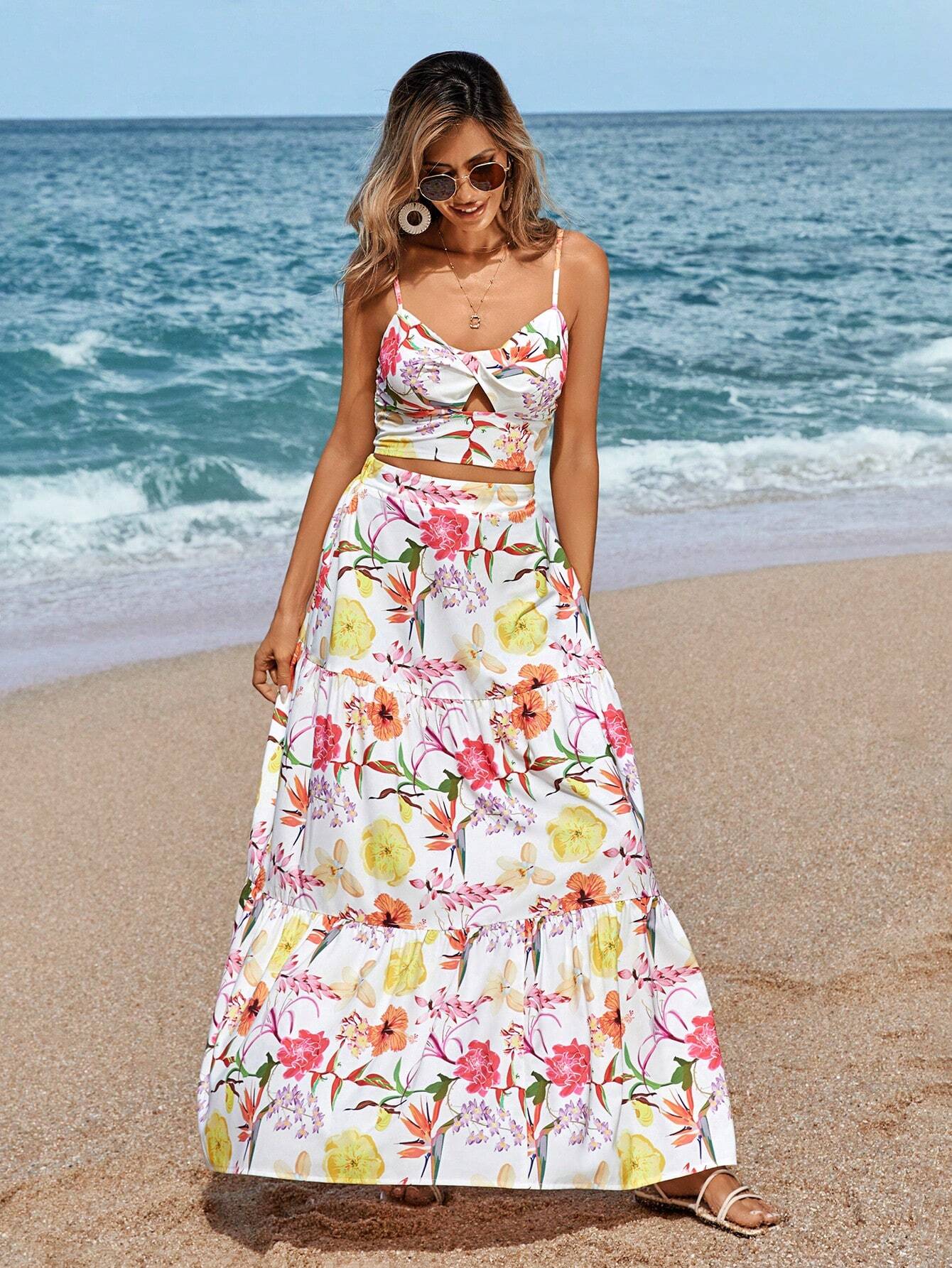 VCAY Floral Printed Spaghetti Strap Twist Front Sleeveless Top And Ruffled Hem Skirt shein