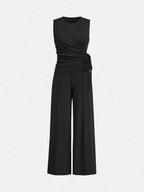 Unity Ladies' Solid Color Cross Wrap Tie Sleeveless Top And Long Pants Casual Two-Piece Set shein