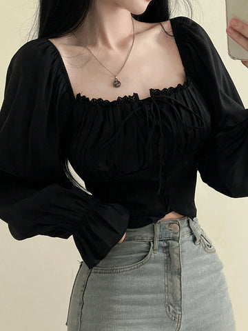 DAZY Women's Mushroom Edging Pleated Bell Sleeve Shirt