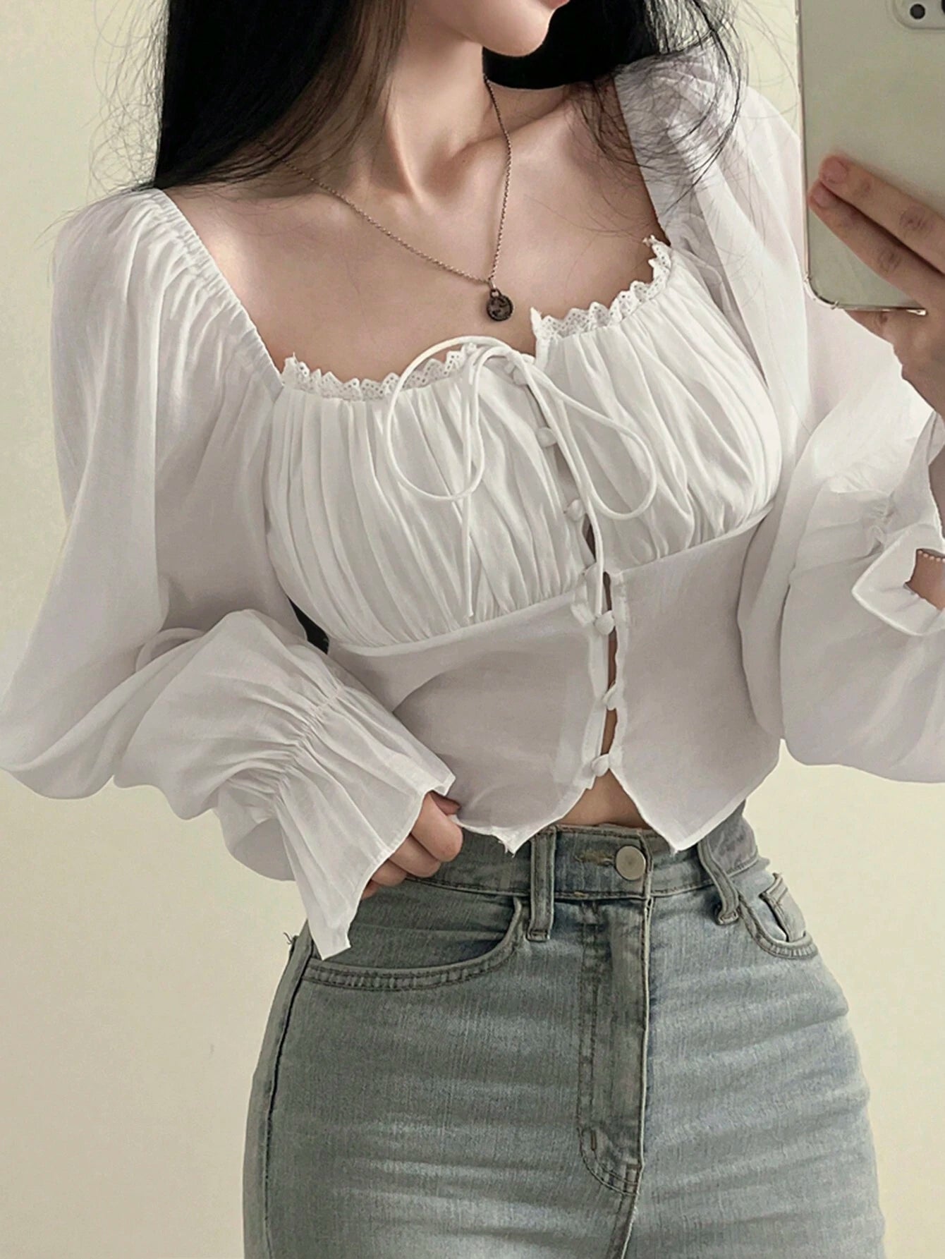 DAZY Women's Mushroom Edging Pleated Bell Sleeve Shirt