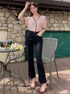 DAZY Contrast Edge V-Neck Button-Front Short Sleeve Women Shirt shein
