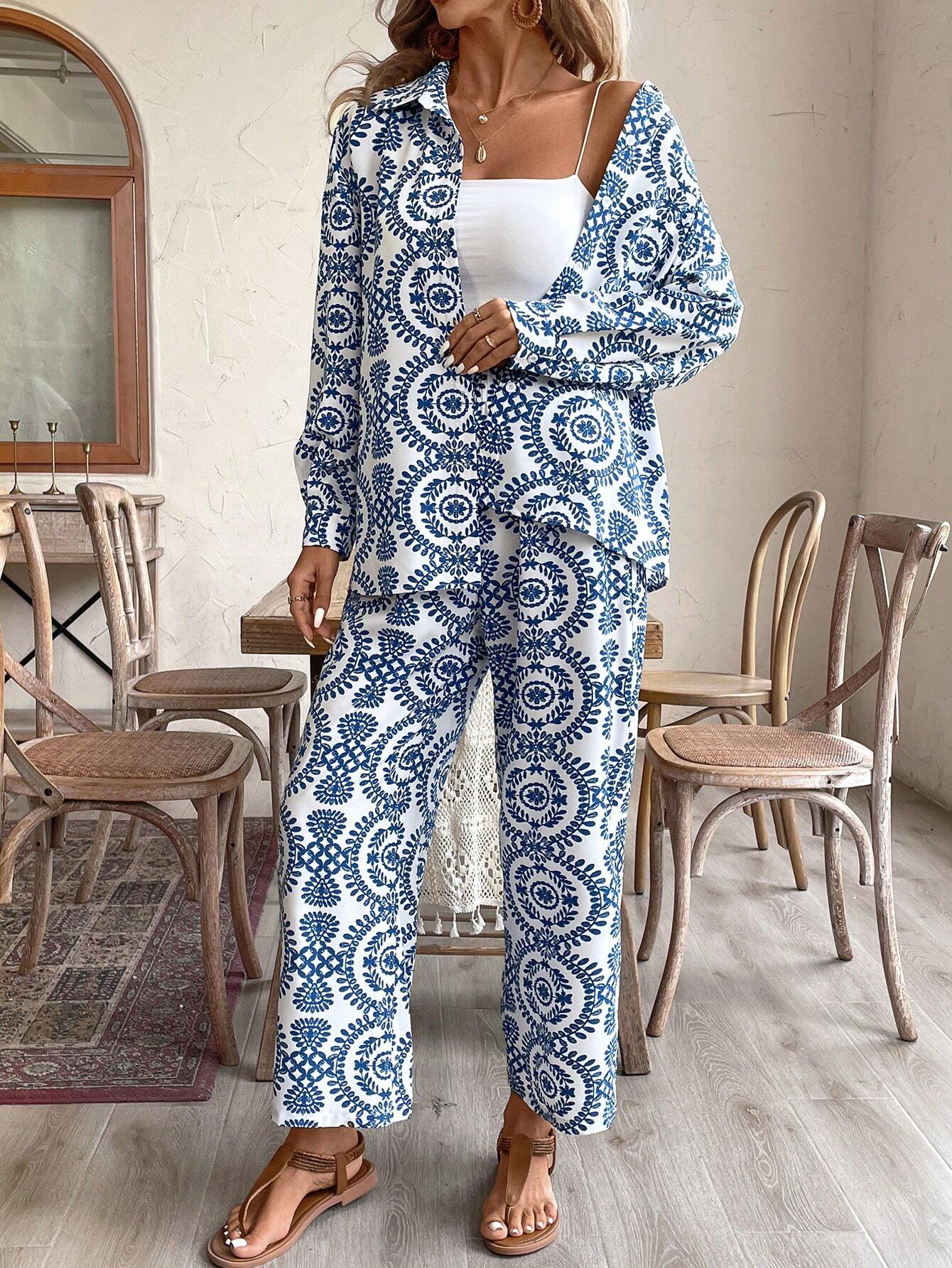 VCAY Ladies' Simple Printed Daily Top And Pants Two-Piece Set shein