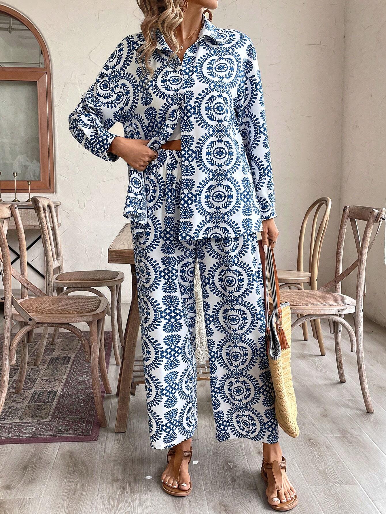 VCAY Ladies' Simple Printed Daily Top And Pants Two-Piece Set shein