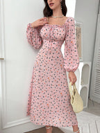Mulvari Women's Floral Print Square Neck Lantern Sleeve Dress shein