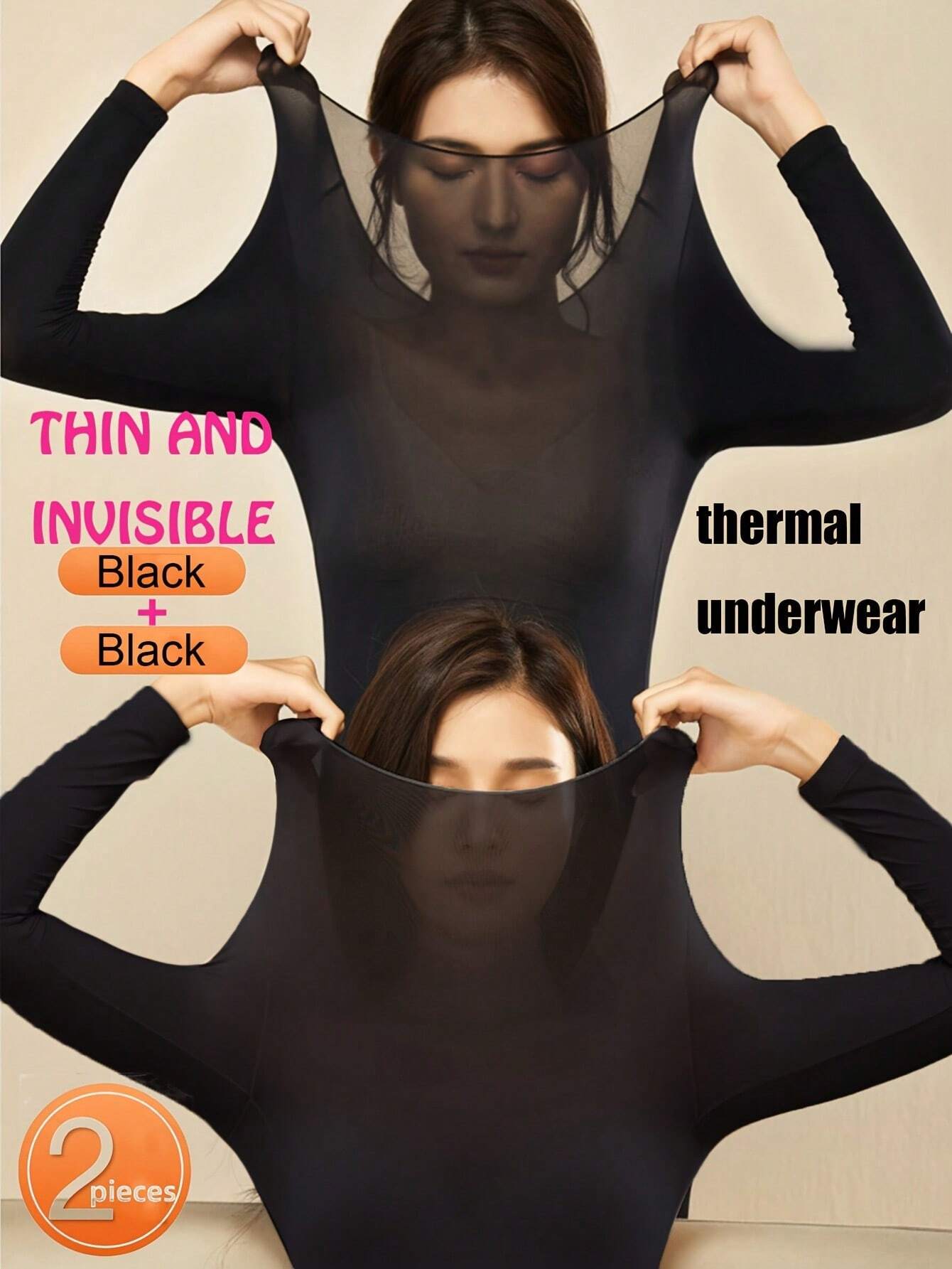 2 Pcs Women's Seamless Ultra-Thin Thermal Underwear - Soft & Comfy Long Sleeve Round Neck Top shein