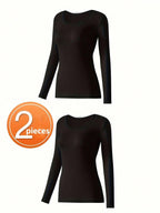2 Pcs Women's Seamless Ultra-Thin Thermal Underwear - Soft & Comfy Long Sleeve Round Neck Top shein