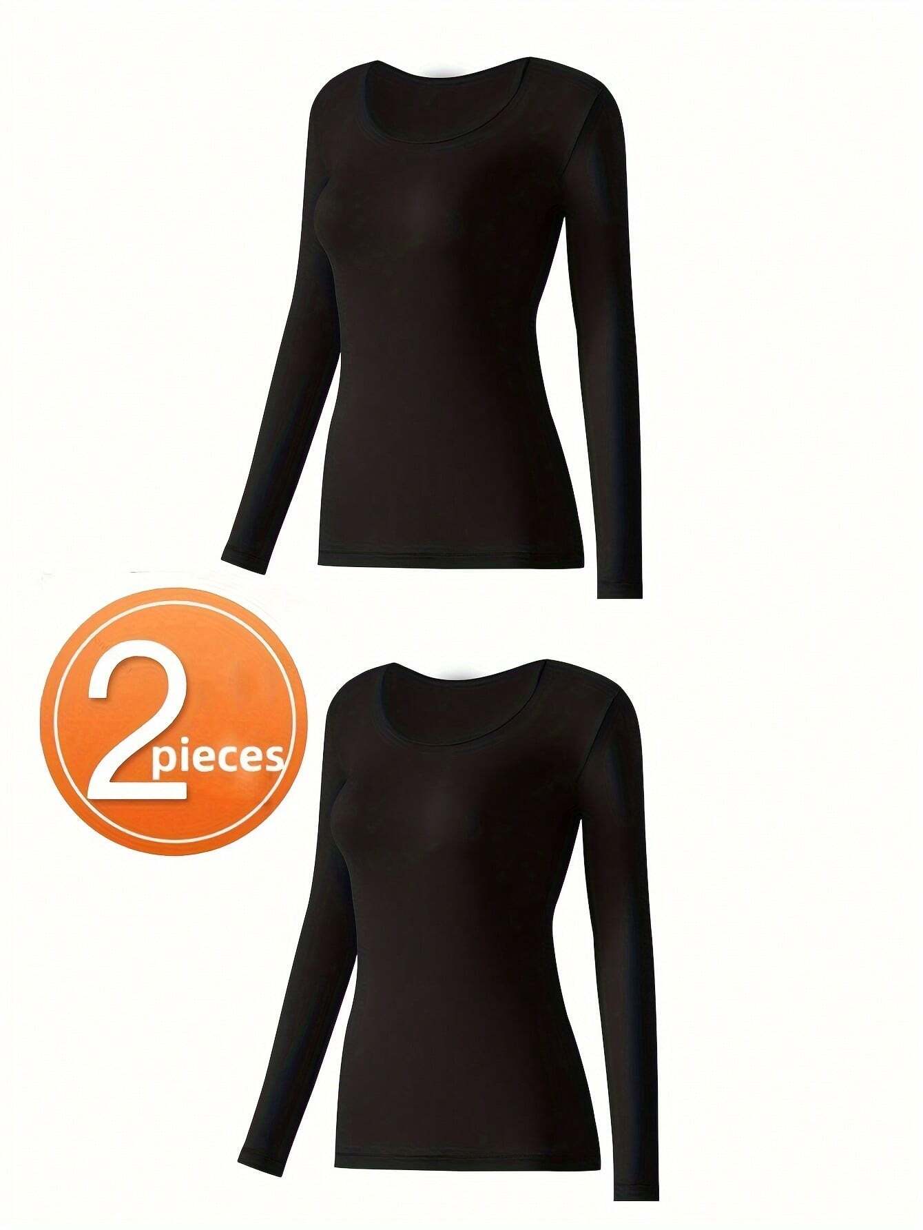 2 Pcs Women's Seamless Ultra-Thin Thermal Underwear - Soft & Comfy Long Sleeve Round Neck Top shein