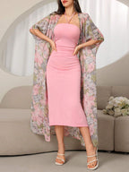 Modely Ladies' Solid Color Dress And Printed Coat Simple Daily Two-Piece Set shein