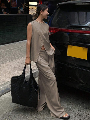 Solid Color Sleeveless Asymmetrical Split Hem Tank Top And Wide Leg Pants