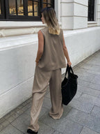 Solid Color Sleeveless Asymmetrical Split Hem Tank Top And Wide Leg Pants shein