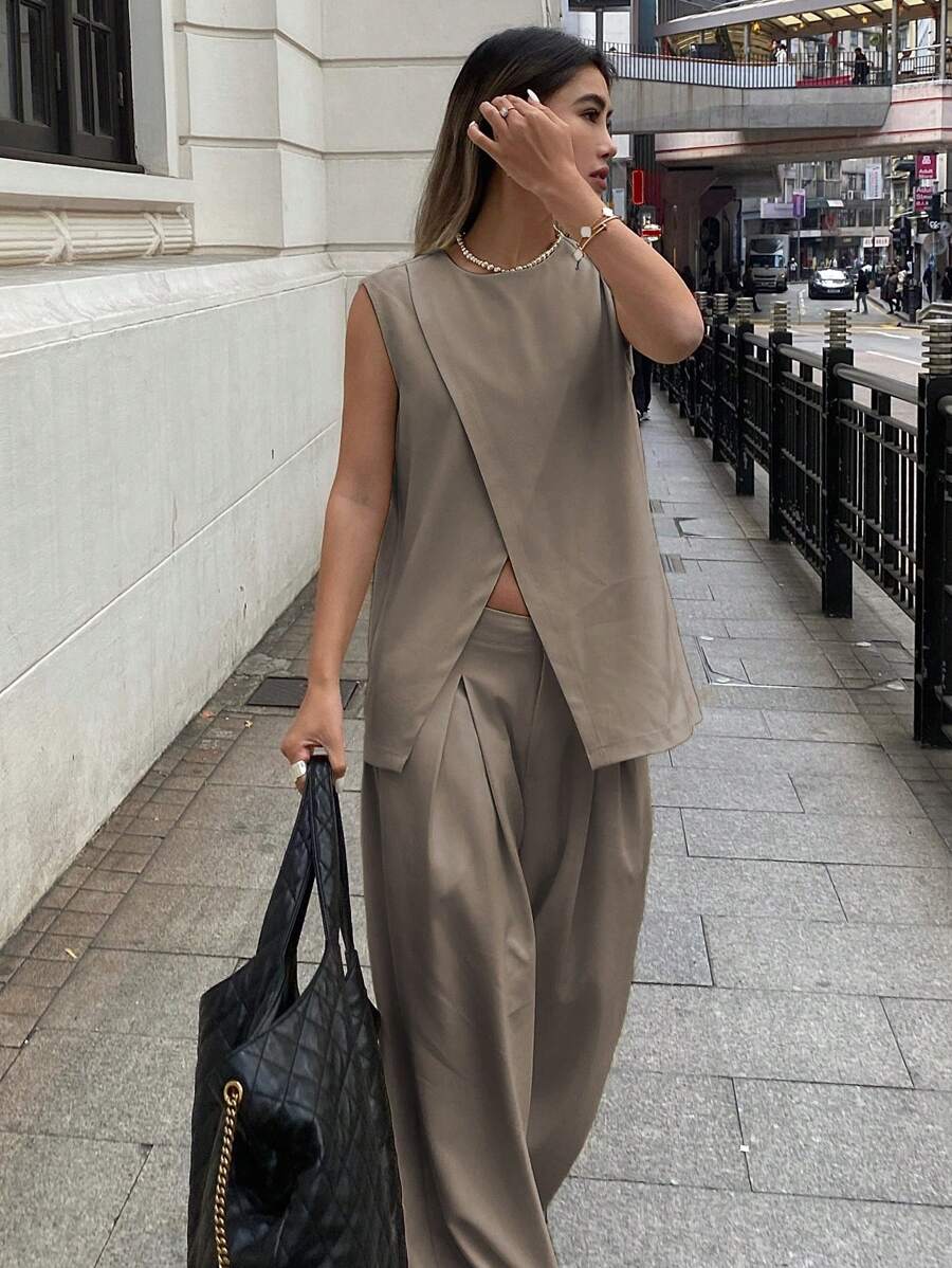 Solid Color Sleeveless Asymmetrical Split Hem Tank Top And Wide Leg Pants shein