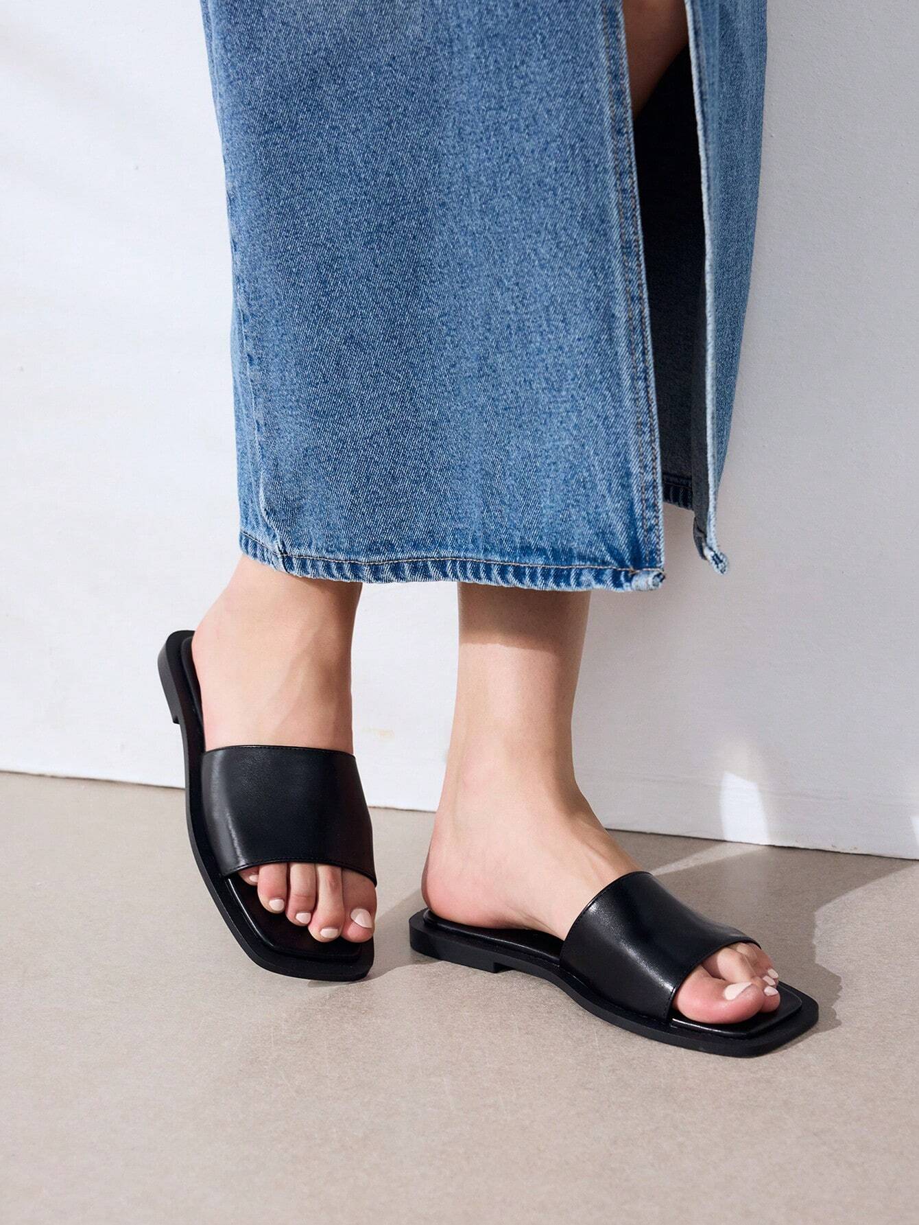MOTF PREMIUM SQUARE TOE MINIMALIST TWO TONE MULE FLAT SANDALS shein