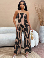 Slayr Geo Print Draped Back Tube Top & Wide Leg Pants Set shein