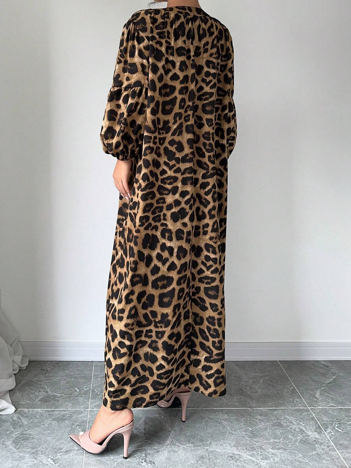 Privé Women's Spring Summer Leopard Print V-Neck Lantern Sleeve Loose Long Dress shein