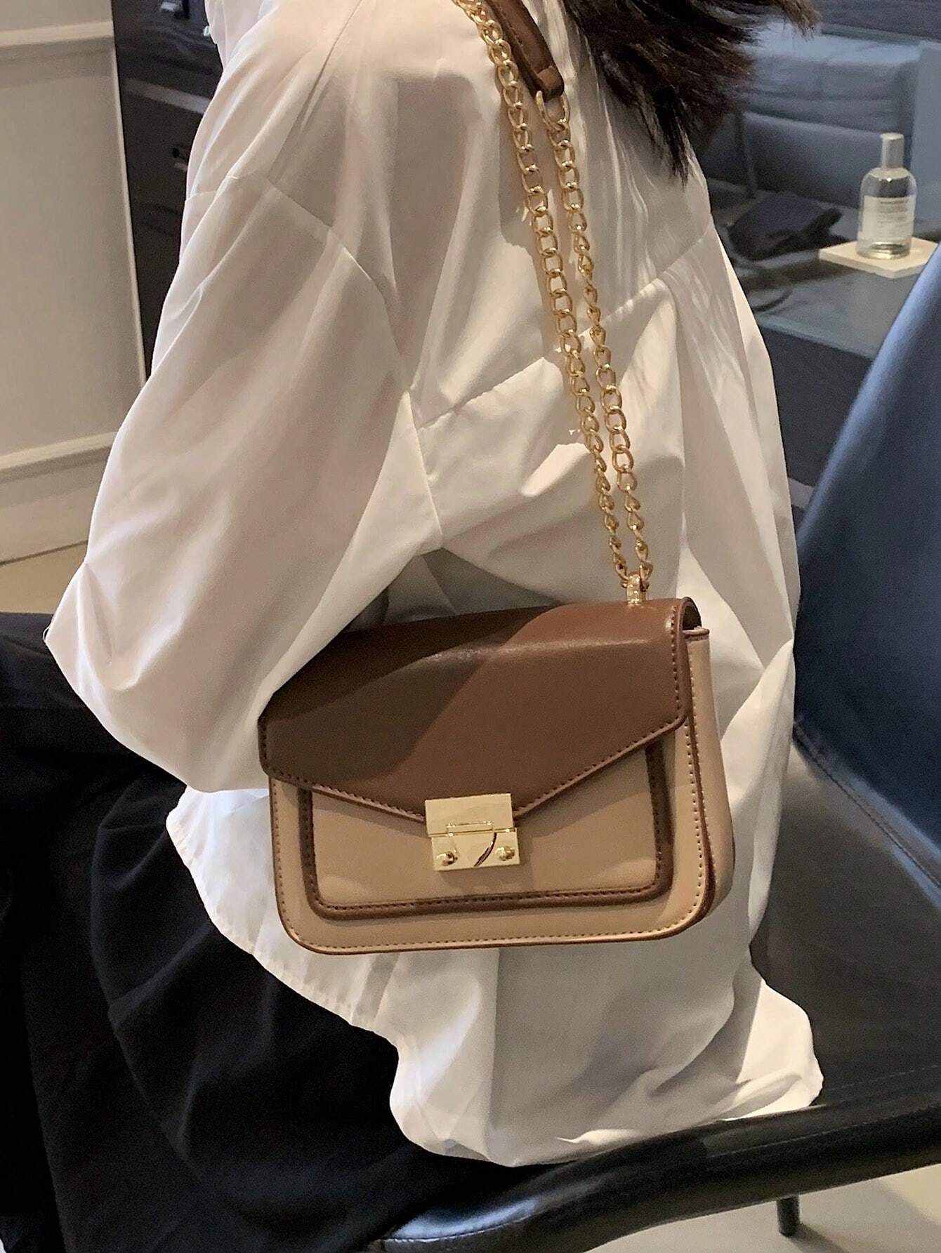 Mini Push Lock Chain Decor Flap Square Bag Shoulder Bag shein