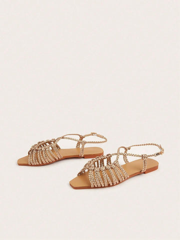 Faux Suede Hand-Woven Twist Flat Sandals shein