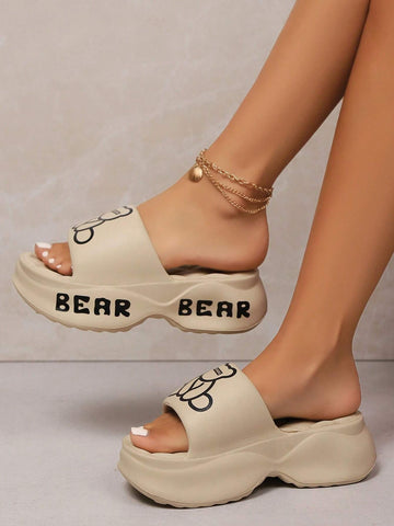 Fashion Women's Cute Cartoon Bear Printed EVA Rubber Integrated Molded Casual Open Toe High Heel Slippers shein