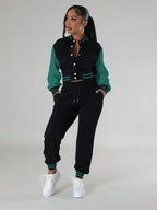 Women's Fashionable Casual Sports Wind Baseball Jacket And Sports Pants Set shein