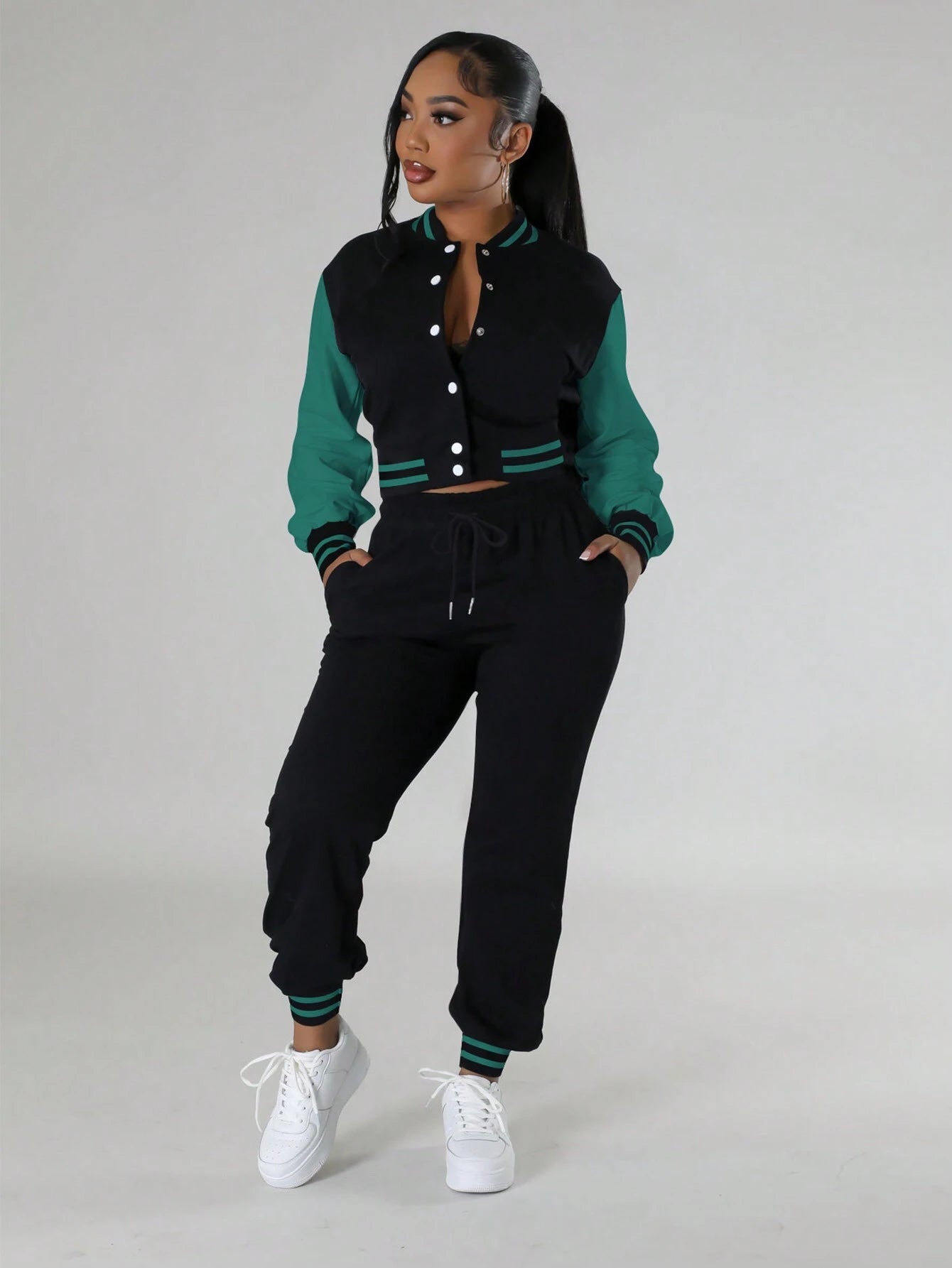 Women's Fashionable Casual Sports Wind Baseball Jacket And Sports Pants Set shein