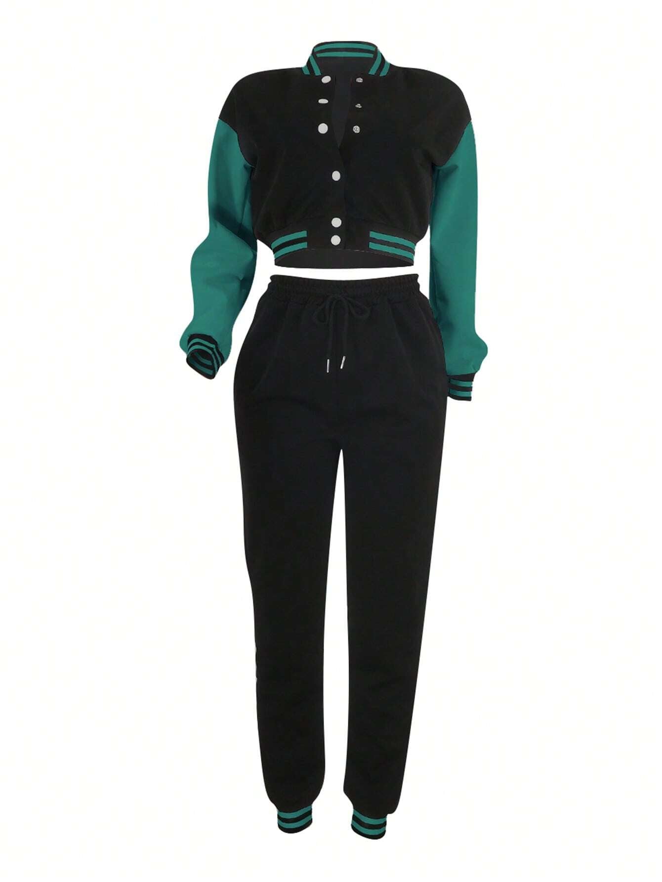 Women's Fashionable Casual Sports Wind Baseball Jacket And Sports Pants Set shein