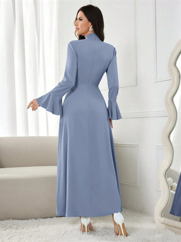 Modely Women's Elegant Solid Color Stand Collar Dress With Flared Sleeves shein