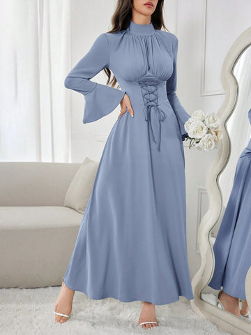 Modely Women's Elegant Solid Color Stand Collar Dress With Flared Sleeves shein