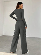 EZwear Women's Letter Print Fleece Long Sleeve T-Shirt And Cargo Pants Outfit shein
