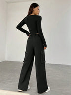 EZwear Women's Letter Print Fleece Long Sleeve T-Shirt And Cargo Pants Outfit shein