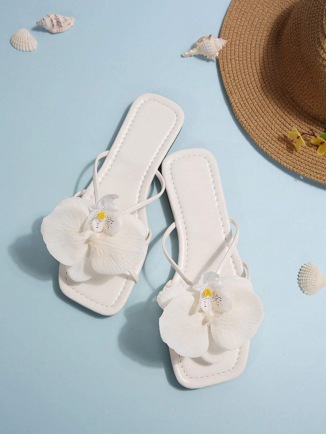 French Style Floral Strap Flat Slide Sandals shein