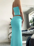 EZwear Ladies' Solid Color Simple Daily Strapless Top And Skirt shein