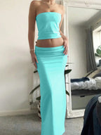 EZwear Ladies' Solid Color Simple Daily Strapless Top And Skirt shein