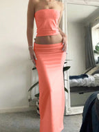 EZwear Ladies' Solid Color Simple Daily Strapless Top And Skirt shein
