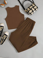 EZwear Ladies' Solid Color Vest And Letter Print Shorts Set shein