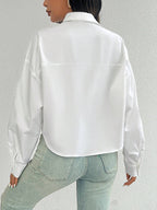 ChicEase Women Plain Button Front Long Sleeve Pocket Casual Shirt shein