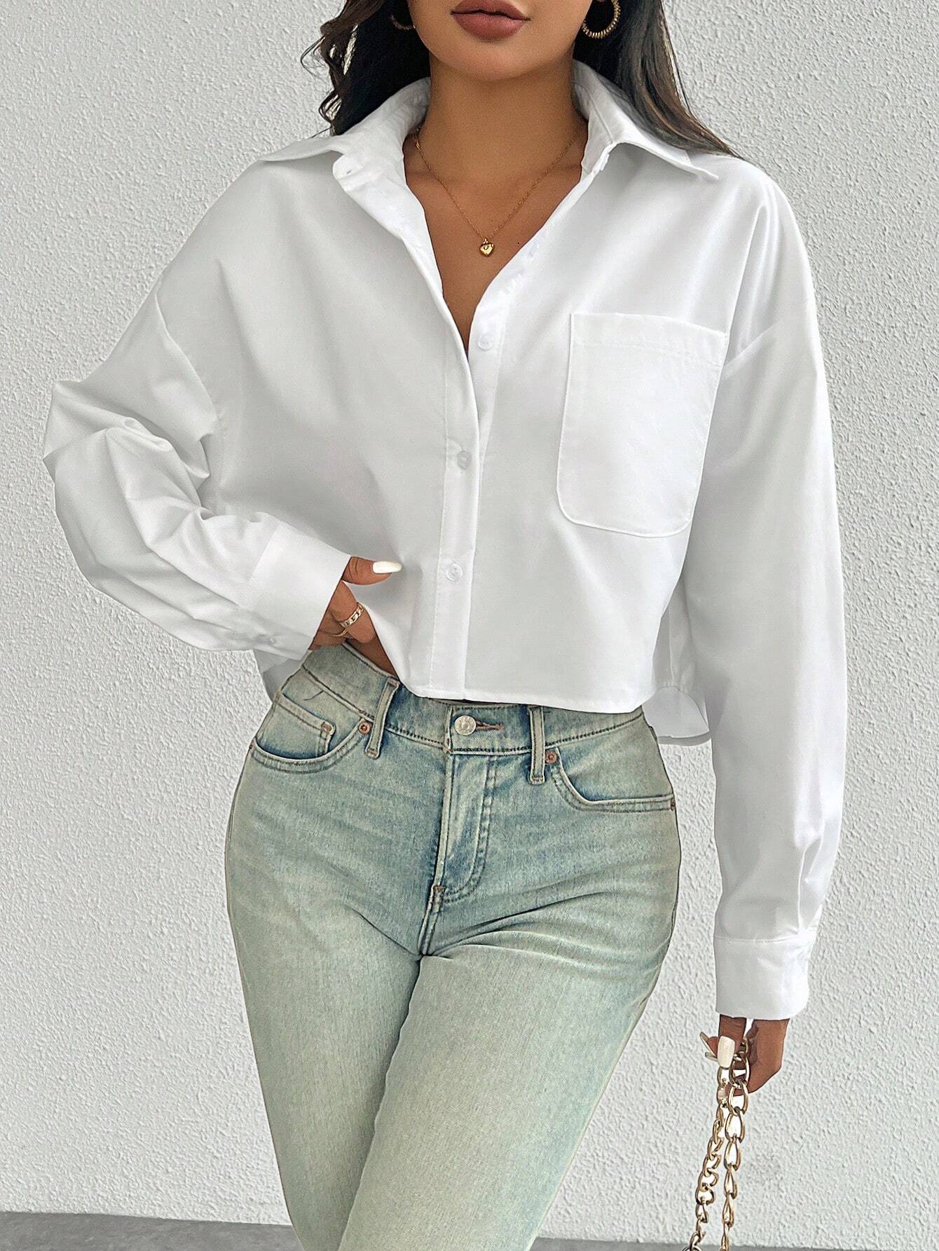 ChicEase Women Plain Button Front Long Sleeve Pocket Casual Shirt shein